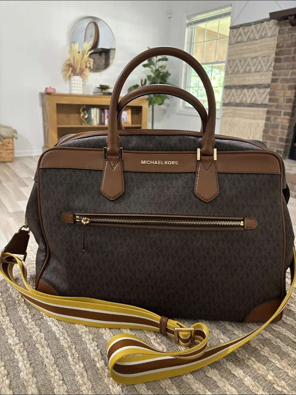 Michael Kors Signature Travel Weekender PVC Bag Brown Luggage Weekend Bag unisex